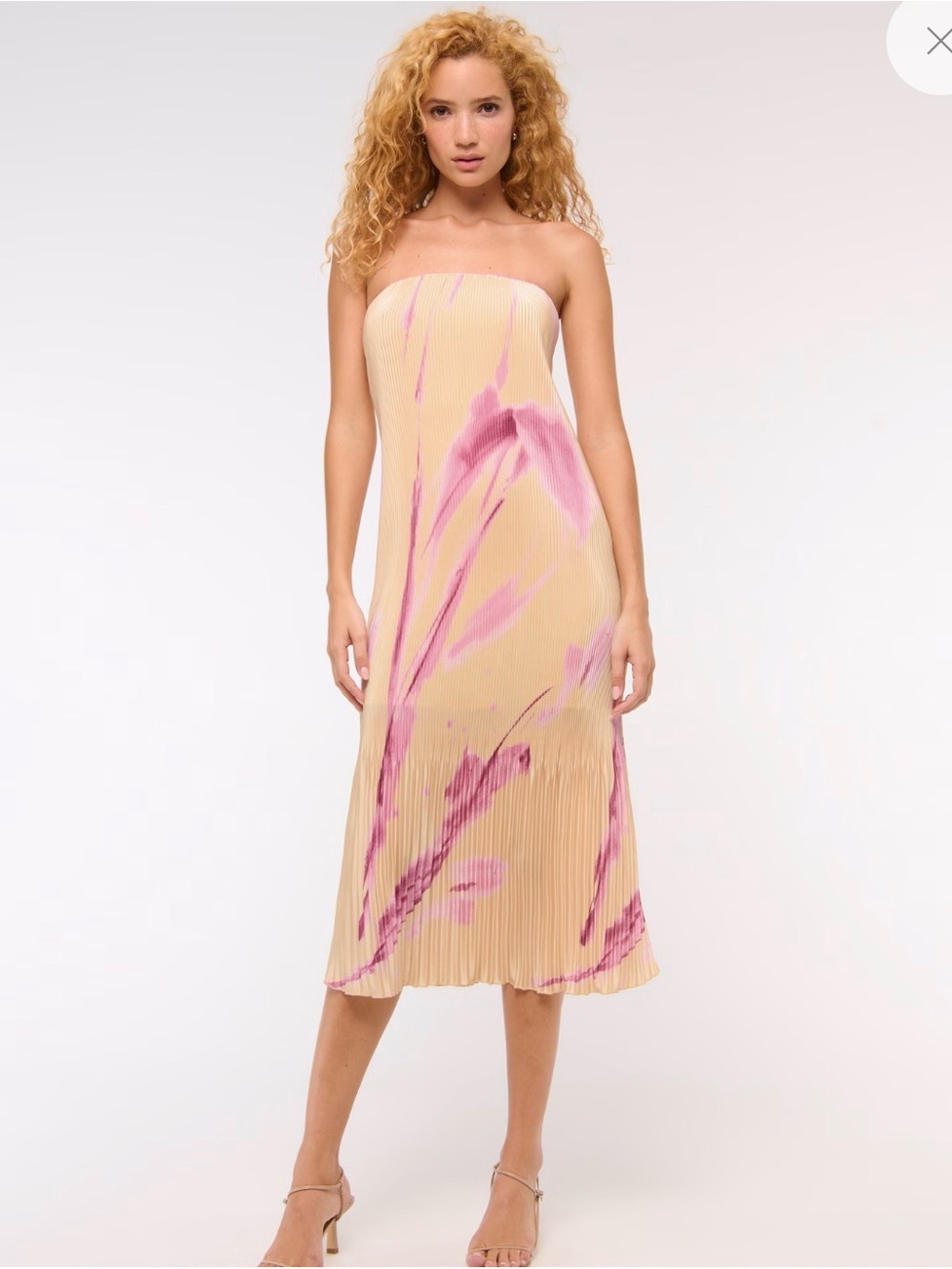 Abercrombie & Fitch Strapless Pleated Midi Dress in Beige with Pink Floral
